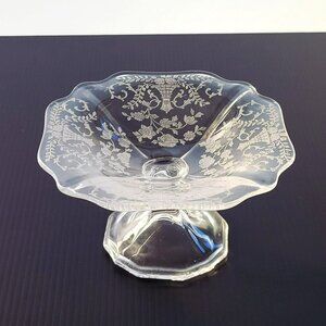 Vintage Cambridge Glass Portia Clear Cheese Stand Compote Candy Dish, Etched